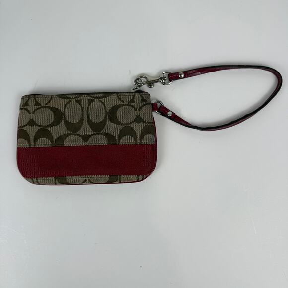 Coach Small Wristlet Signature Logo Tan Red Canvas Wrist Wallet Zipper - Picture 5 of 8